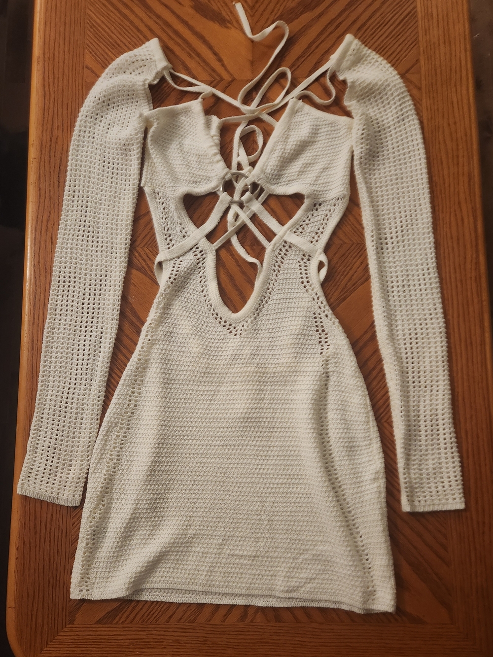 Outcast White Crochet Cutout Long Sleeve Mini Dress